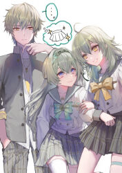 Rule 34 | ..., 1boy, 2girls, alternate costume, bow, bowtie, buttons, caelus (honkai: star rail), closed mouth, commentary request, cosplay, cowboy shot, double-breasted, dual persona, facing viewer, firefly (honkai: star rail), firefly (honkai: star rail) (cosplay), firefly (spring missive) (honkai: star rail), green bow, green bowtie, grey hair, grey hairband, grey jacket, grey pants, grey sailor collar, grey skirt, grin, hair between eyes, hairband, hand in pocket, hand up, hinagi kei, honkai: star rail, honkai (series), jacket, jewelry, locked arms, long hair, long sleeves, looking at another, multiple girls, necklace, official alternate costume, open clothes, open jacket, pants, plaid bow, plaid bowtie, plaid clothes, plaid pants, plaid skirt, purple eyes, sailor collar, shirt, short hair, simple background, skirt, smile, speech bubble, spoken clothes, spoken ellipsis, stelle (honkai: star rail), thigh strap, thighhighs, thought bubble, trailblazer (honkai: star rail), untucked shirt, white background, white shirt, white thighhighs, yellow bow, yellow bowtie, yellow eyes