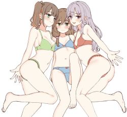 3girls :d :| ass bare_legs bare_shoulders barefoot blue_bra blue_panties blunt_bangs blush bra breast_press breasts brown_hair cameltoe center-flap_bangs cleavage closed_mouth commentary_request expressionless eyes_visible_through_hair foot_out_of_frame green_bra green_eyes green_panties grey_hair gyaru hair_between_eyes hair_intakes hair_ornament hairclip happy highres jitome kinoshita_kaede knee_up lace lace-trimmed_panties lace_trim long_hair looking_at_viewer lying medium_breasts mikuni_sairi multicolored_hair multiple_girls navel on_back on_side open_mouth orange_hair outstretched_arm outstretched_hand panties pink_eyes red_bra red_panties shiraishi_chika side_ponytail simple_background small_breasts smile soles split_mouth symmetrical_docking tenshi_souzou_re-boot! tft_(tft7822) thick_eyebrows thighs toes tsurime two-tone_hair underwear underwear_only white_background