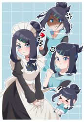 &gt;_&lt; 1girl anger_vein angry annoyed apron black_dress black_hair black_shirt blue_eyes blue_hair blue_hoodie blush chibi clenched_hand closed_eyes closed_mouth dress frilled_apron frills hair_bun hair_ornament hairclip highres holding holding_poke_ball hood hoodie kame_san liko_(pokemon) maid maid_apron maid_headdress multicolored_hair nintendo open_mouth poke_ball poke_ball_(basic) pokemon pokemon_(anime) pokemon_horizons pout shirt short_hair sleeveless sleeveless_hoodie solo three-quarter_sleeves twitter_username two-tone_hair white_apron