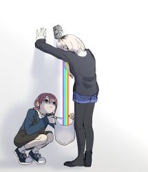Rule 34 | 2girls, against wall, asahi breweries, ayataka syumimi, bag, beer can, black footwear, black overalls, black pantyhose, black sweater, blue eyes, blue shorts, blue sweater, brown hair, can, commentary, drink can, drunk, earclip, girls band cry, grey hair, highres, holding, holding can, iseri nina, kawaragi momoka, long hair, long sleeves, low twintails, multicolored hair, multiple girls, overalls, pantyhose, pantyhose under shorts, plastic bag, roots (hair), shoes, short hair, short twintails, shorts, single shoe, squatting, sweater, symbol-only commentary, twintails, vomiting rainbows