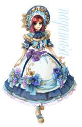 ascot corset cosplay english_text flower frilled_skirt frills green_eyes hosokawa_gracia long_skirt maid_headdress nashinomiya puffy_short_sleeves puffy_sleeves red_hair ribbon sengoku_musou shoes short_sleeves skirt