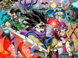 1boy 3girls armor battle bikini_armor black_eyes black_gloves black_hair blue_cape blue_eyes blue_gemstone blue_hair blue_tunic boots breasts brown_gloves cape castle circlet cleavage commentary_request creature_request curly_hair dirty dirty_clothes dougi dragon_quest dragon_quest_iii dress earrings fighting fingerless_gloves gem gloves gold_circlet grey_eyes helmet hero_(dq3) highres holding holding_shield holding_staff holding_sword holding_weapon jewelry looking_at_another looking_at_viewer magic martial_artist_(dq3) midriff moss mountain multiple_girls navel open_mouth outdoors purple_cape purple_hair purple_sky red_armor red_eyes red_helmet roto_(dq3) sage_(dq3) scabbard sheath shield silver_thighlet skeleton sky spiked_hair staff strapless strapless_dress stud_earrings sword thighlet toned toned_female toriyama_akira_(style) tunic twintails v-shaped_eyebrows warrior_(dq3) weapon white_dress winged_helmet yamuchasiyagatte yellow_gloves