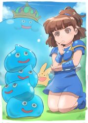 1girl absurdres arle_nadja armor black_eyes blue_boots blue_dress blue_scrunchie blue_sky blunt_bangs blunt_ends boots brown_eyes brown_hair carbuncle_(puyopuyo) cloud commentary confused creature crossover crown dragon_quest dress elbow_rest grass hair_ornament hair_scrunchie hand_on_own_elbow highres k_katora king_slime_(dragon_quest) kneeling looking_at_creature on_grass open_mouth outdoors ponytail puyopuyo scrunchie short_hair short_ponytail short_sleeves single_shoulder_pad sky slime_(creature) slime_(dragon_quest) smile stacking sweatdrop tank_top white_tank_top wristband