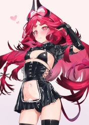 1girl alternate_costume arknights bikini black_bikini black_corset black_gloves black_skirt black_thighhighs breasts cleavage closed_mouth clothing_cutout commentary corset cropped_legs elbow_gloves gloves heart highres horns latex long_hair looking_at_viewer navel_cutout nymph_(arknights) paid_reward_available pink_background pink_eyes pink_hair simple_background skirt small_breasts smile solo standing swimsuit symbol-only_commentary thighhighs yakurope-moko