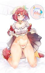 Rule 34 | 2girls, absurdres, atelier (series), atelier sophie, bed sheet, bilingual commentary, blush, breasts, cameltoe, cleavage, clothes lift, collarbone, commentary, eyelashes, female pubic hair, headscarf, highleg, highleg panties, highres, implied yuri, jewelry, kneeling, lifting own clothes, looking at viewer, mixed-language commentary, multiple girls, navel, necklace, panties, plachta, pubic hair, pubic tattoo, red eyes, red hair, shiny skin, short hair, signature, skirt, skirt lift, smile, solo focus, songjiangcc, sophie neuenmuller, spoken character, tattoo, thighs, underwear, white panties, yellow headscarf