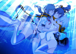 Rule 34 | 3girls, ass, bare shoulders, black hair, blue eyes, blue hair, breasts, closed mouth, glasses, hair ribbon, highres, isone kotoha, long hair, looking at viewer, low twintails, multiple girls, nanami ao, official art, one-piece swimsuit, one eye closed, ponytail, ribbon, school swimsuit, school uniform, serafuku, short hair, sideboob, small breasts, smile, strap slip, submerged, swimsuit, thighhighs, twintails, underwater, white one-piece swimsuit, white thighhighs, yarizakura hime, yasuda suzuhito, yozakura quartet