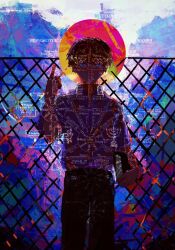 1boy abstract_background ashashio backlighting black_pants blue_background blue_eyes book brown_hair chain-link_fence collared_shirt commentary english_commentary english_text feet_out_of_frame fence halo hand_up hebrew_text holding holding_book index_finger_raised looking_at_viewer male_focus mamiya_takuji multicolored_background pants parted_lips sefirot shirt short_hair short_sleeves smile solo standing subarashiki_hibi superimposition white_shirt