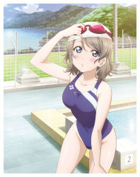 1girl artbook bare_legs blue_eyes blue_one-piece_swimsuit blush breasts cloud collarbone competition_swimsuit cowboy_shot day fence goggles goggles_on_head grey_hair highres looking_at_viewer love_live! love_live!_sunshine!! medium_breasts mountain non-web_source official_art one-piece_swimsuit outdoors parted_lips pool poolside short_hair sky solo swim_cap swimsuit watanabe_you water wet wet_clothes wet_hair