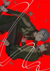 Rule 34 | 2boys, bandaid, beard, brown hair, challia bull, cnbt, collared shirt, facial hair, falling, feet out of frame, gloves, green eyes, grey hair, gundam, gundam gquuuuuux, jacket, long sleeves, male focus, midair, military jacket, military uniform, mole, mole under mouth, multiple boys, mustache, necktie, red background, shirt, short hair, xavier olivette
