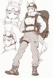 1girl alternate_costume animal_ears backpack bag boots earmuffs full_body gloves goggles goggles_on_head gold_ship_(umamusume) hand_on_own_hip highres horse_ears horse_girl horse_tail jacket kisaragi_shokuin long_hair looking_at_viewer monochrome multiple_views open_mouth simple_background solo tail umamusume white_background winter_clothes