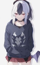 1girl :/ black_choker black_hair black_horns blue_archive blue_hoodie bright_pupils choker collarbone commentary_request demon_horns demon_wings double-parted_bangs ear_piercing expressionless grey_hair hair_between_eyes hands_in_pockets highres hood hoodie horns kayoko_(blue_archive) light_blush looking_at_viewer miniskirt miya122303 mole mole_on_collarbone multicolored_hair piercing plaid_clothes plaid_skirt print_hoodie red_skirt shadow sidelocks single_wing skirt solo tsurime two-tone_hair white_background wings
