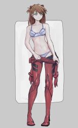 1girl bare_shoulders blue_trim bodysuit boots bra bracelet breasts brown_hair collarbone commentary drawpile_(medium) english_commentary expressionless eyebrows_hidden_by_hair full_body gloves groin hair_ornament half-closed_eyes highres interface_headset_(evangelion) invisible_floor jewelry long_eyelashes long_hair navel neon_genesis_evangelion panties parted_bangs partially_undressed red_bodysuit red_boots red_gloves sidelocks sketch small_breasts solo souryuu_asuka_langley standing straight-on thick_eyelashes thighs two_side_up underwear undressing vertigris white_bra white_panties