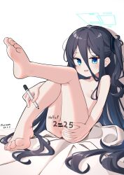 1girl 2025 absurdres anus aqua_eyes aqua_halo aris_(blue_archive) artist_name ass bar_censor barefoot black_hair black_hairband blue_archive blue_hair blush body_writing breasts censored chinese_commentary collarbone commentary completely_nude dated double-parted_bangs english_text feet full_body gradient_hair hair_between_eyes hairband halo hand_on_own_ass highres holding holding_marker knee_up leg_up legs loli long_bangs long_hair long_hair_between_eyes long_sidelocks looking_at_viewer marker multicolored_hair nipples nude on_bed one_side_up open_mouth platinum-mix pussy rectangular_halo sidelocks sitting small_breasts smile soles solo teeth toes very_long_hair