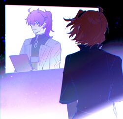 Rule 34 | 1boy, 1girl, ahoge, black shirt, chaldea logo, chaldea uniform, fate/grand order, fate (series), folder, from behind, fujimaru ritsuka (female), fujimaru ritsuka (female) (polar chaldea uniform), high collar, holding, holding folder, light smile, looking at another, myg 8028, overexposure, ponytail, red hair, romani archaman, scrunchie, shirt, short hair, short sleeves, upper body