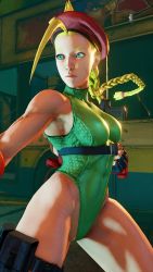 1girl 3d antenna_hair bare_shoulders blonde_hair blue_eyes braid breasts cammy_white covered_navel curvy fighting_stance gloves green_leotard groin hat highleg highleg_leotard highres large_breasts leotard lips long_hair night night_sky red_gloves red_hat ryona screencap shiny_clothes sky solo street_fighter street_fighter_v stretching thighs third-party_edit thong_leotard twin_braids very_long_hair wide_hips