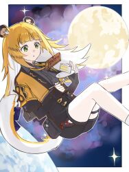1girl animal_ears bad_source black_shirt blonde_hair cake food full_moon gloves green_eyes highres holding holding_spork jacket ju_fufu long_hair moon multicolored_hair pantyhose planet plate shirt shorts solo space spork tail tiger_ears tiger_girl tiger_tail white_hair yetai_bianyi_hunningtu zenless_zone_zero
