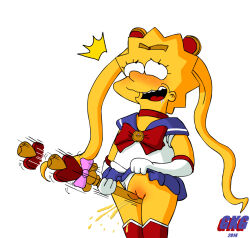 10s 1girl 2014 bishoujo_senshi_sailor_moon black_eyes blonde_hair blue_skirt blush boots bow brooch choker clothes_lift clothing_aside colored_skin cosplay crossover drooling female_ejaculation gkg gloves hair_ornament jewelry leotard leotard_aside lisa_simpson loli long_hair looking_up masturbation moon_stick object_insertion open_mouth orgasm peeing pussy red_boots red_bow sailor_moon sailor_moon_(cosplay) simple_background skirt skirt_lift smile spiked_hair spiral_heart_moon_rod teeth the_simpsons tiara transformation_brooch_(sailor_moon) twintails uncensored vaginal vaginal_object_insertion wand white_background white_gloves white_leotard yellow_skin