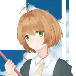 Rule 34 | 1girl, antenna hair, black shirt, blue sky, border, brown hair, cardcaptor sakura, closed mouth, cloud, dot nose, eyes visible through hair, green eyes, hair between eyes, hair intakes, happy, holding, holding staff, kinomoto sakura, kirina zero, layered shirt, long sleeves, neckerchief, outside border, shirt, short hair with long locks, sky, sleeve cuffs, sleeves past wrists, smile, solo, staff, upper body, white border, white shirt, white sleeve cuffs, yellow neckerchief