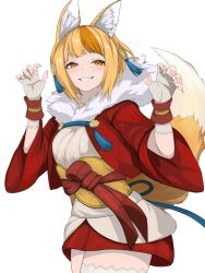1girl animal_ear_fluff animal_ears blonde_hair breasts fire_emblem fire_emblem_fates fox_ears fox_girl fox_tail highres japanese_clothes kitsune looking_at_viewer matchanosuke_fe medium_breasts multicolored_hair nintendo orange_eyes orange_hair selkie_(fire_emblem) short_hair simple_background smile solo streaked_hair tail thighhighs thighs white_background white_thighhighs