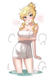 1girl :o bare_shoulders blonde_hair blue_eyes blush breasts cleavage collarbone covered_navel feet_out_of_frame hair_bun highres idolmaster idolmaster_cinderella_girls long_hair medium_breasts naked_towel niban_(puka_0507) ohtsuki_yui partially_submerged solo steam thighs towel wavy_hair wavy_sidelocks score:4 rating:sensitive Rule 34 | 1girl, :o, bare shoulders, blonde hair, blue eyes, blush, breasts, cleavage, collarbone, covered navel, feet out of frame, hair bun, highres, idolmaster, idolmaster cinderella girls, long hair, medium breasts, naked towel, niban (puka 0507), ohtsuki yui, partially submerged, solo, steam, thighs, towel, wavy hair, wavy sidelocks