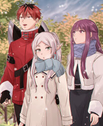 1boy 2girls :t axe battle_axe black_dress black_gloves black_hair blue_scarf buttons chiroru_shimai coat coat_dress dress earrings elf fern_(sousou_no_frieren) fingerless_gloves frieren fur-trimmed_coat fur_trim gloves green_eyes highres jewelry long_dress long_hair long_sleeves looking_at_another looking_up multicolored_hair multiple_girls open_mouth outdoors pointy_ears purple_eyes purple_hair red_coat red_eyes red_hair scarf short_hair sidelocks snowing sousou_no_frieren stark_(sousou_no_frieren) twintails two-tone_hair weapon weapon_on_back white_coat