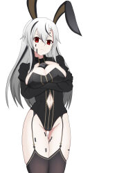 1girl albino animal_ears black_gemstone black_gloves black_hair black_leotard black_shrug black_thighhighs breasts cleavage closed_mouth clothing_cutout commentary_request cowboy_shot crossed_arms eydis_(memories_of_the_abyss)_(sao) eydis_(sao) fake_animal_ears garter_straps gem gloves gluteal_fold hair_between_eyes highleg highleg_leotard highres huge_breasts leotard light_frown long_hair looking_at_viewer multicolored_hair ngtoajm89655 paid_reward_available playboy_bunny rabbit_ears red_eyes shrug_(clothing) simple_background solo standing stomach_cutout streaked_hair sword_art_online sword_art_online:_alicization thigh_gap thighhighs thighs white_background white_hair