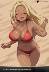 artist_name beach bikini blonde_hair blush bouncing_breasts bracelet breasts closed_eyes collarbone creatures_(company) dark-skinned_female dark_skin english_text facing_viewer game_freak gold_bracelet hayato_stuff highres jewelry large_breasts long_hair looking_at_viewer multiple_bracelets navel nintendo open_mouth pokemon pokemon_xy red_bikini smile solo standing swimmer_(pokemon) swimmer_(pokemon_xy) swimsuit teeth thighs very_long_hair