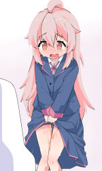 1girl absurdres ahoge bare_legs blush brown_eyes clothes_lift female_focus genderswap genderswap_(mtf) have_to_pee highres knees_together_feet_apart loli long_hair onii-chan_wa_oshimai! open_mouth oyama_mahiro pee peeing peeing_self pink_hair pruzhka_(wardi113) school_uniform skirt skirt_lift solo standing tears