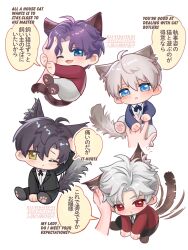 4boys :3 :o absurdres ahoge animal_ears animal_hands black_jacket black_pants blue_eyes blush brown_eyes brown_hair cat_boy cat_ears chibi collared_shirt english_text fingernails full_body grey_hair grey_necktie grey_pants highres jacket lapels long_sleeves looking_at_viewer love_and_deepspace male_focus multicolored_eyes multiple_boys necktie one_eye_closed open_mouth pants parted_bangs peaked_lapels protagonist_(love_and_deepspace) purple_hair purple_jacket rafayel_(love_and_deepspace) red_eyes red_jacket red_shirt ren_mei_xin_shan_hao_saozi shirt short_hair speech_bubble sylus_(love_and_deepspace) tail tongue two-tone_eyes white_hair white_shirt xavier_(love_and_deepspace) zayne_(love_and_deepspace)