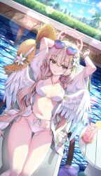 1girl absurdres alternate_costume angel_wings arms_up bikini blonde_hair blue_archive breasts commentary drink eyewear_on_head flower hair_flower hair_ornament halo hat highres long_hair looking_at_viewer medium_breasts nagisa_(blue_archive) natie navel open_clothes open_shirt parted_lips pink_halo shirt sitting solo stomach straw_hat sunglasses swimsuit thigh_gap thighs white_bikini white_shirt white_wings wings yellow_eyes