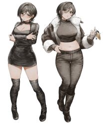 1girl absurdres belt black_belt black_boots black_choker black_dress black_jacket boots breasts choker cleavage crop_top crossed_arms dress flipped_hair full_body fur-trimmed_jacket fur_trim grey_eyes grey_hair grey_pants grey_shirt grey_theme hair_between_eyes hand_on_own_hip highres holding holding_key jacket key long_sleeves looking_at_viewer medium_breasts mesiellar multiple_views original pants shirt short_dress short_hair simple_background single_sidelock sleeves_past_wrists thigh_boots turtleneck white_background
