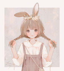 1girl animal_ears bag blush braid brown_eyes brown_hair collared_shirt dated dress flower hair_flower hair_ornament hands_up head_wreath highres holding long_hair looking_at_viewer nakamura_hinata original parted_lips rabbit_ears shirt shoulder_bag signature solo twin_braids twintails upper_body white_flower white_shirt