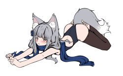 109kpm 1girl :o alternate_costume animal_ear_fluff animal_ears ass back_cutout bare_arms bkornblume black_leotard black_thighhighs blue_flower blue_scarf blush clothing_cutout flower fox_ears fox_girl fox_tail full_body furrowed_brow grey_eyes grey_hair hair_flower hair_in_own_mouth hair_ornament highres kemonomimi_mode leotard long_hair looking_at_viewer lying mouth_hold on_stomach outstretched_arms reverse:1999 scarf solo tail thighhighs toeless_legwear white_background