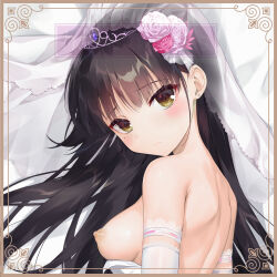 1girl artist_name back bed_sheet black_hair blush border breasts bridal_veil bride brown_border cafe_stella_to_shinigami_no_chou dakimakura_(medium) earrings flower hair_flower hair_ornament hair_spread_out haku89 highres jewelry long_hair lying medium_breasts mole mole_under_eye nipples nude on_bed on_side pink_flower pink_rose rose shiki_natsume solo stud_earrings tiara upper_body veil yellow_eyes