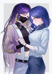 2girls absurdres aurora_(love_curse) black_pants black_shirt blue_hair blush border commentary earrings grey_background highres holding_hands jewelry long_hair love_curse:_find_your_soulmate mask midriff mole mole_under_eye molingxiang_chimangguo mouth_mask multicolored_hair multiple_girls pants pink_eyes pink_hair purple_eyes purple_hair shirt simple_background streaked_hair symbol-only_commentary victoria_qi watch watermark web_address white_border white_shirt wristwatch yuri