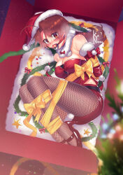 Rule 34 | 1girl, arms behind back, artist name, ball gag, bdsm, belt, black belt, blush, bondage, bound, bound ankles, bound arms, bound legs, bow, box, breasts, brown eyes, brown hair, christmas, christmas ornaments, cleavage, delia ketchum, detached sleeves, female focus, fishnet pantyhose, fishnets, from above, gag, gagged, hat, high heels, highres, kaneeru, large breasts, long hair, looking at viewer, lying, matching hair/eyes, mature female, nintendo, on side, pantyhose, poke ball, poke ball (basic), pokemon, pokemon (anime), pokemon (classic anime), red hat, red shirt, red shorts, ribbon, ribbon bondage, santa costume, santa hat, shirt, shorts, signature, solo, star (symbol), tearing up, white trim, yellow ribbon