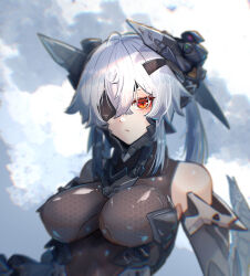 1girl absurdres android bare_shoulders bodysuit breasts closed_mouth cloud cloudy_sky commentary eyepatch hair_between_eyes hair_ornament headgear highres impossible_bodysuit impossible_clothes large_breasts long_hair looking_at_viewer m004_(natsukaze_shigure) mecha_musume natsukaze_shigure one_eye_covered orange_eyes original red_eyes science_fiction sidelocks skin_tight sky solo upper_body white_hair