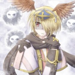 Rule 34 | 1boy, adjusting scarf, arch bishop (ragnarok online), black gloves, black scarf, blonde hair, brown wings, capelet, closed mouth, commentary request, cross, dated commentary, expressionless, feathered wings, fingerless gloves, floating skull, gloves, gold trim, hair over one eye, head wings, male focus, official alternate costume, orange eyes, ragnarok online, red shirt, scarf, shaded face, sharari, shirt, short hair, solo, upper body, visor (armor), white capelet, wings