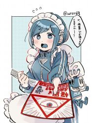 1girl alternate_costume apron blue_eyes blue_hair blue_theme commentary_request cowboy_shot frilled_apron frills fukurai_azami holding holding_paper incoming_object jacket jersey_maid long_sleeves looking_at_viewer maid maid_headdress matsushiro_(yutakatanbo) nervous_sweating open_mouth paper poster_(object) short_hair smile solo speech_bubble standing sweat swept_bangs toshi_densetsu_kaitai_center toshikai-kun track_jacket translation_request unconventional_maid waist_apron