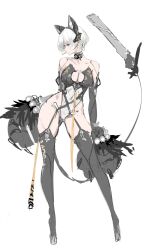 Rule 34 | 1girl, 2b (nier:automata), absurdres, animal hands, black choker, breasts, cat girl, cat paws, choker, cleavage, dishwasher1910, full body, gloves, highres, large breasts, leotard, looking to the side, nier:automata, nier (series), paw gloves, short hair, simple background, solo, white background, white hair