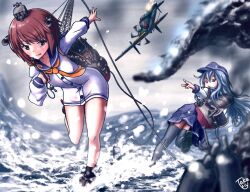 2girls aircraft airplane autocannon black_headwear black_sailor_collar black_skirt black_thighhighs blue_sailor_collar brown_eyes brown_hair cannon dress firing flat_cap godzilla godzilla_(series) godzilla_minus_one grey_hair hat headgear hibiki_(kancolle) highres imperial_japanese_navy j7w_shinden kaiju kantai_collection machinery military multiple_girls navy neckerchief nk1109r outdoors pleated_skirt projectile_trail prototype sailor_collar school_uniform serafuku short_hair skirt speaking_tube_headset tail thighhighs toho type_5_cannon war water white_dress world_war_ii yellow_neckerchief yukikaze_(kancolle)