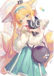 1girl animal_ears aqua_hairband aqua_skirt arknights blonde_hair cardigan crossover fox_ears fox_girl fox_tail frilled_hairband frills hairband heixiu highres kitsune kyuubi long_sleeves looking_at_viewer luo_xiaohei luo_xiaohei_(cat) luo_xiaohei_zhanji multiple_tails open_mouth puffy_long_sleeves puffy_sleeves rivailneko skirt suzuran_(arknights) suzuran_(spring_praise)_(arknights) tail white_cardigan zoom_layer