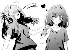 2girls blood blowing_kiss blush braid closed_mouth commentary french_braid greyscale hand_up heart long_hair lwmina70119 medium_hair miyagi_shiori monochrome multiple_girls nosebleed open_mouth sendai_hazuki shirt short_sleeves shuuniichido_classmate_wo_kau_hanashi upper_body yuri