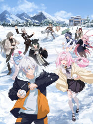 &gt;_&lt; 2023 4boys 6+girls animal_ears aponia_(honkai_impact) artist_name beanie black_coat black_hair black_jacket black_pants black_skirt black_sweater blue_eyes blue_hair blue_scarf brown_coat brown_hair building can_(honkai_impact) chinese_commentary closed_eyes coat commentary_request covering_face eden_(honkai_impact) elf elysia_(honkai_impact) elysia_(miss_pink_elf)_(honkai_impact) fox_ears fu_hua full_body full_moon gatling_gun gloves goggles goggles_on_head green_coat green_hair griseo griseo_(starry_impression) gun hat headband highres holding holding_gun holding_weapon honkai_(series) honkai_impact_3rd hood hoodie jacket kalpas_(honkai_impact) kevin_kaslana kosma long_hair long_sleeves looking_at_viewer lying mary_janes minigun mobius_(honkai_impact) moon multiple_boys multiple_girls official_alternate_costume official_art on_back open_mouth outdoors pants pantyhose pardofelis pink_coat pink_eyes pink_gloves pink_hair pink_scarf pointy_ears ponytail purple_eyes purple_hair rff_(3_percent) scarf shirt shoes short_hair skirt sleeping_bag snow snowball snowing snowman standing su_(honkai_impact) sweater thirteen_flame-chasers_(honkai_impact) tree turtleneck turtleneck_sweater very_long_hair vill-v watermark weapon white_hair white_hoodie white_pantyhose white_shirt winter winter_clothes winter_uniform yae_sakura yae_sakura_(goushinnso_memento) yellow_jacket