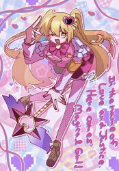 1girl blonde_hair boots bow bowtie breasts brown_boots don_quixote_(project_moon) e.g.o_(project_moon) frilled_skirt frills highres in_the_name_of_love_and_hate_(e.g.o) large_breasts limbus_company lobotomy_corporation_(identity)_(project_moon) long_hair looking_at_viewer nantekottawo!! one_eye_closed open_mouth pink_bow pink_bowtie pink_skirt pink_vest pleated_skirt project_moon skirt smile solo two_side_up vest