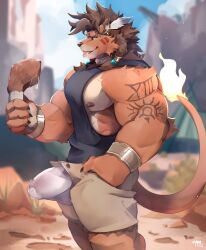 1boy absurdres bara biceps black_tank_top boned_meat brown_shorts bulge claws commentary drooling english_commentary erection erection_under_clothes feather_hair_ornament feathers fiery_tail final_fantasy final_fantasy_vii food furry furry_male hair_ornament hand_in_pocket highres holding holding_food looking_at_food looking_to_the_side mako_(mako_owo) male_focus mane meat muscular muscular_male nipples open_mouth pectorals precum precum_through_clothes profile red_fur red_hair red_xiii roman_numeral saliva shorts tail tank_top tongue tongue_out