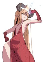 1girl absurdres arm_up armpits bare_shoulders blonde_hair breasts closed_mouth covered_navel cow_horns cowboy_shot dress gloves hand_on_own_hip happening18 highres horns long_hair original rail_a red_dress red_gloves simple_background solo