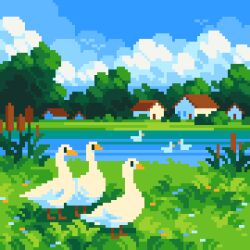 bird blue_sky building cloud crystalpixelart day duck grass highres no_humans original outdoors pixel_art reeds river sky tree white_bird