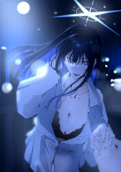 1girl absurdres black_bra black_hair blue_archive blue_eyes blue_hair blue_halo blurry blurry_background borrowed_clothes bra breasts cleavage collared_shirt colored_inner_hair commentary_request dress_shirt full_moon halo high_berry_0819 highres holding_hands large_breasts long_hair moon multicolored_hair night night_sky open_mouth out_of_frame oversized_clothes oversized_shirt partially_unbuttoned saori_(blue_archive) shirt sky solo underwear white_shirt