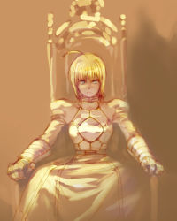 00s 1girl ahoge armor armored_dress artoria_pendragon_(fate) blonde_hair dress fate/stay_night fate_(series) female_focus gauntlets green_eyes king lowres muted_color saber_(fate) sitting solo throne